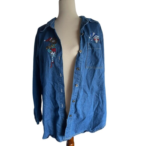 Vintage Women's Christmas ELF & Toys Long Sleeve Denim Jean Shirt Size XL Cotton - Picture 5 of 9